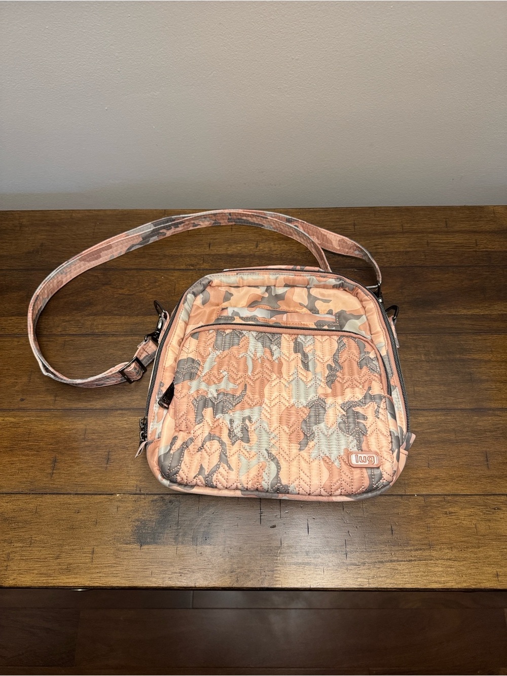 lug Quilted Camo Crossbody in Peach and Gray